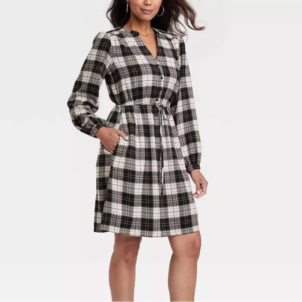 Long-Sleeve Plaid A-Line Dress